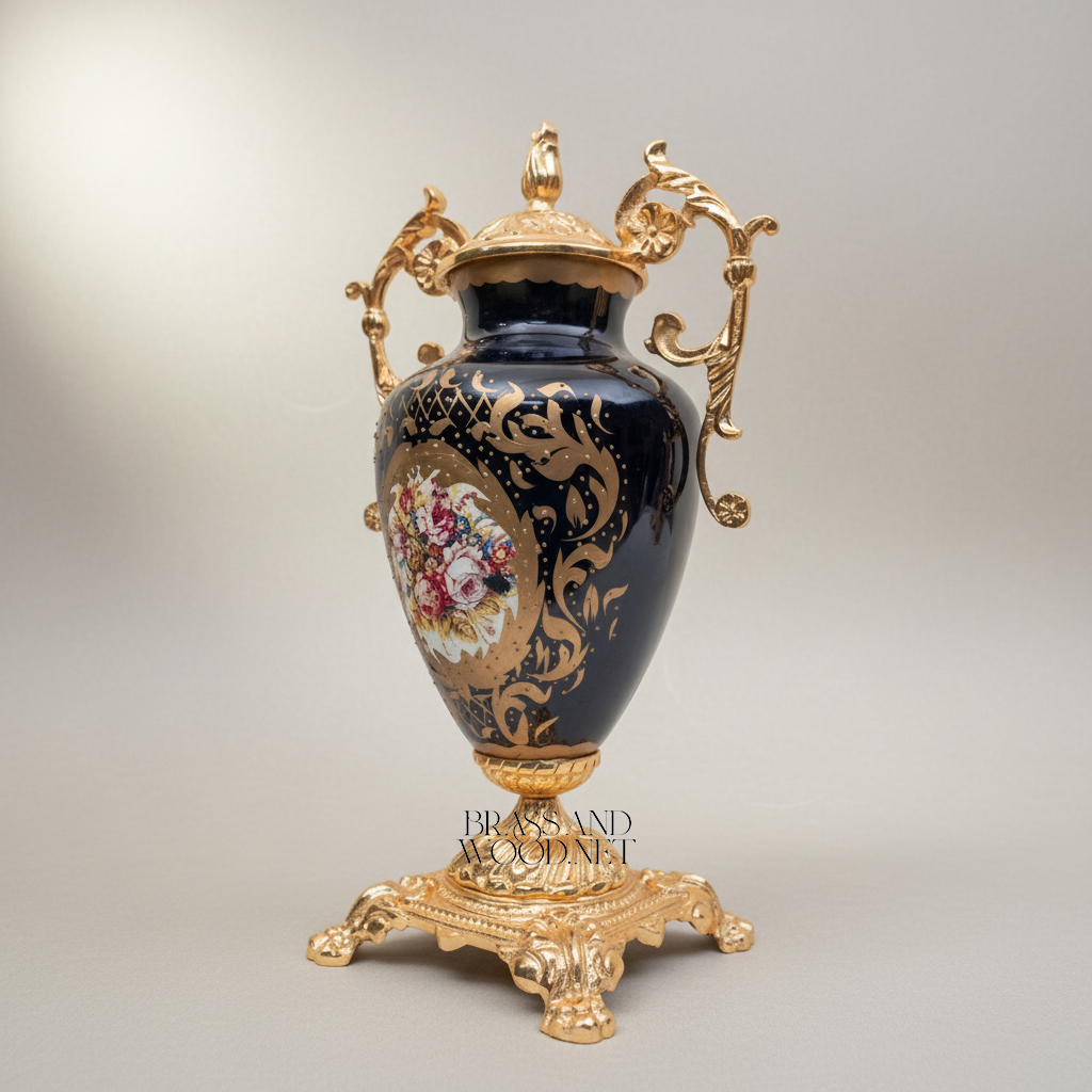 Rococo Cobalt Blue Ceramic Vase & Decorative Plate Set with Gilt Brass Scrollwork Mounts