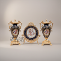 Rococo Cobalt Blue Ceramic Vase & Decorative Plate Set with Gilt Brass Scrollwork Mounts