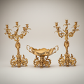 Rococo Brass 3-Piece Candelabra & Centerpiece Bowl Set - Acanthus Scroll Foliage - Antique Gold