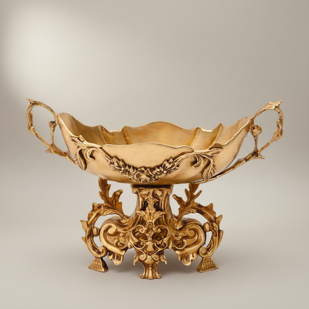 Rococo Brass 3-Piece Candelabra & Centerpiece Bowl Set - Acanthus Scroll Foliage - Antique Gold