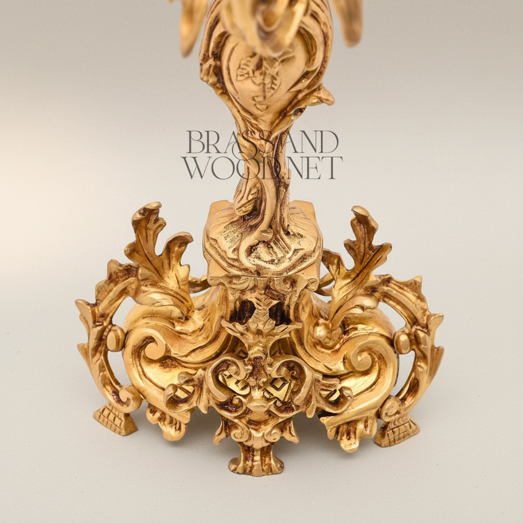Rococo Brass 3-Piece Candelabra & Centerpiece Bowl Set - Acanthus Scroll Foliage - Antique Gold
