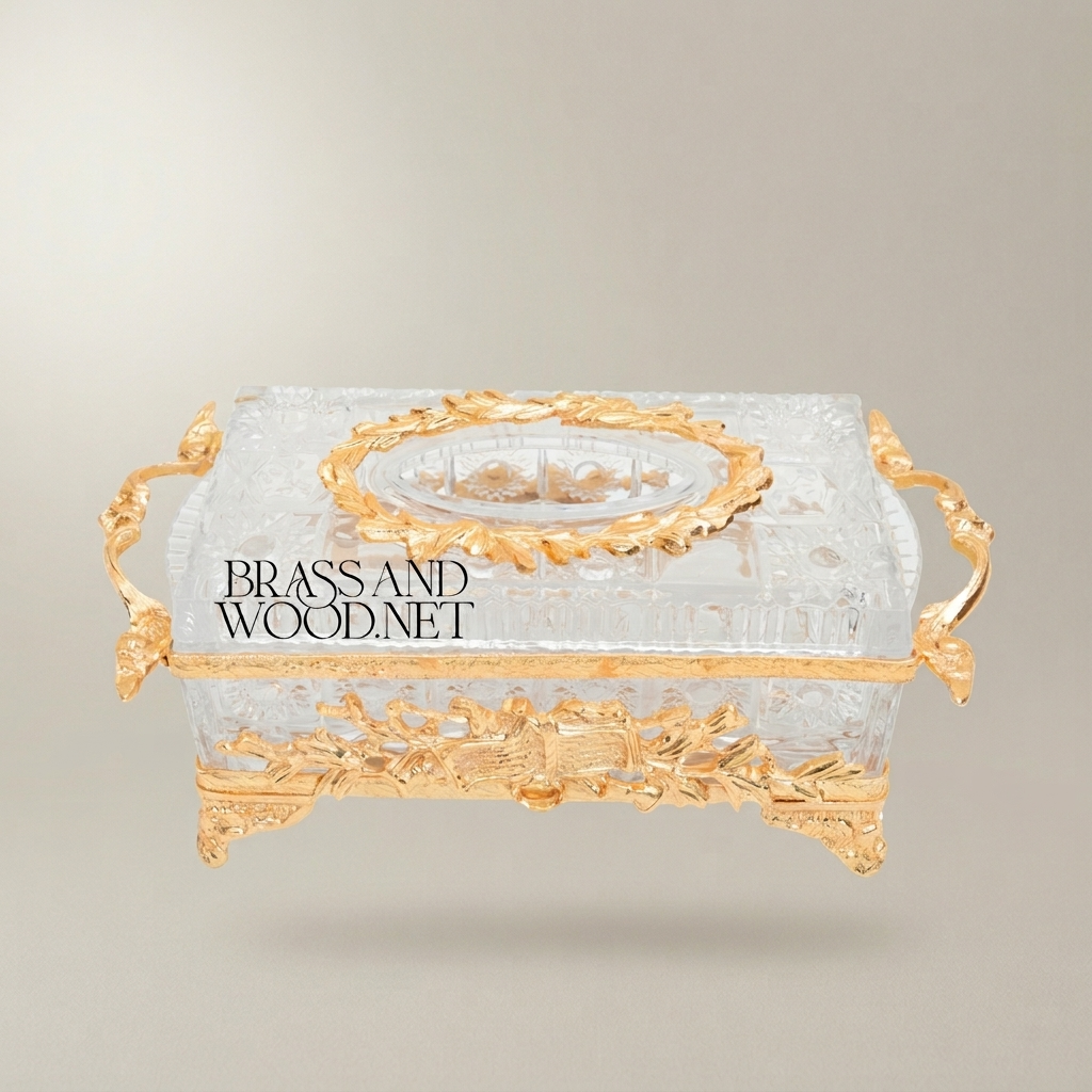 Neoclassical Crystal & Brass Tissue Box - Laurel Wreath & Musical Trophy Motif