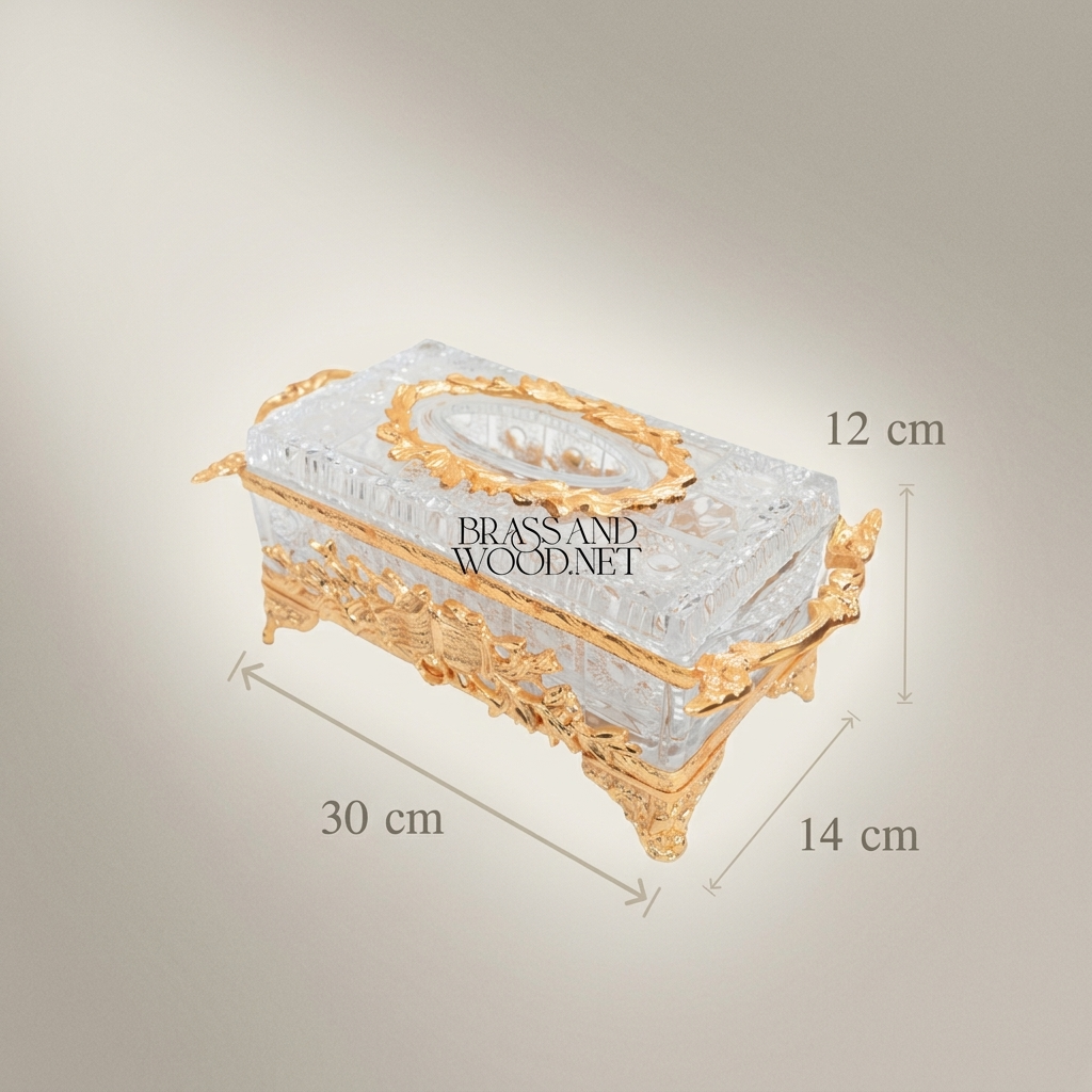 Neoclassical Crystal & Brass Tissue Box - Laurel Wreath & Musical Trophy Motif