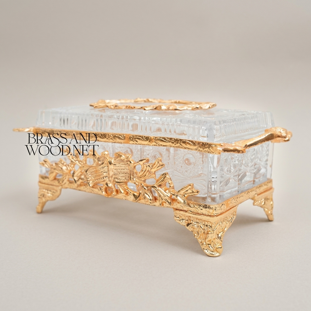 Neoclassical Crystal & Brass Tissue Box - Laurel Wreath & Musical Trophy Motif