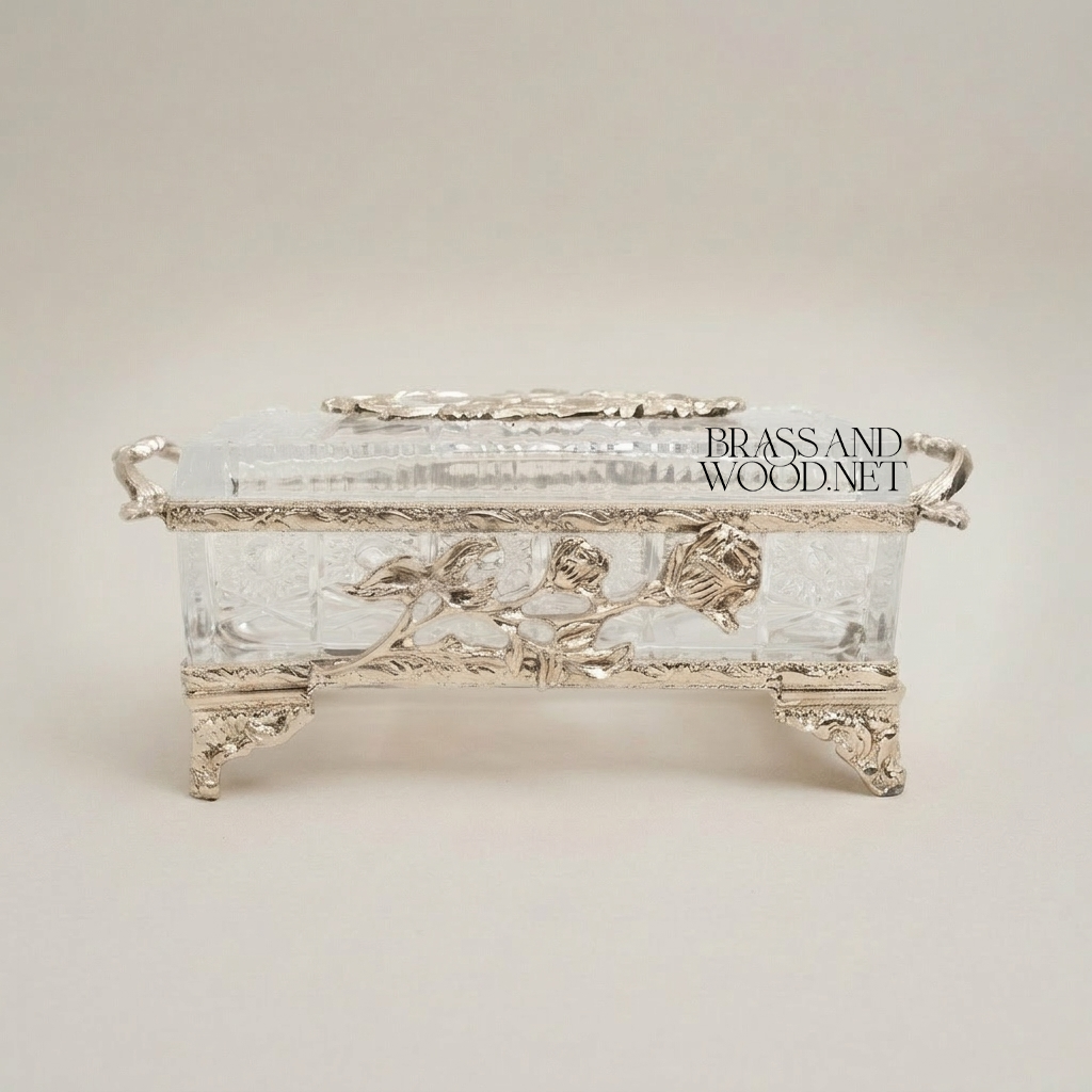 Rococo Rose-Relief Crystal Tissue Box Holder with Ornate Metal Frame — Silver