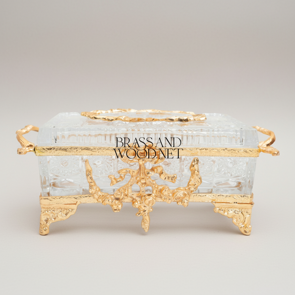 Rococo Crystal & Metal Tissue Box - Floral Swag & Scroll Frame — Gold