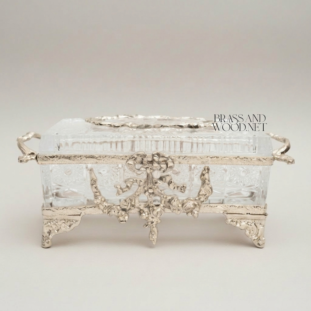 Rococo Crystal & Metal Tissue Box - Floral Swag & Scroll Frame — Silver