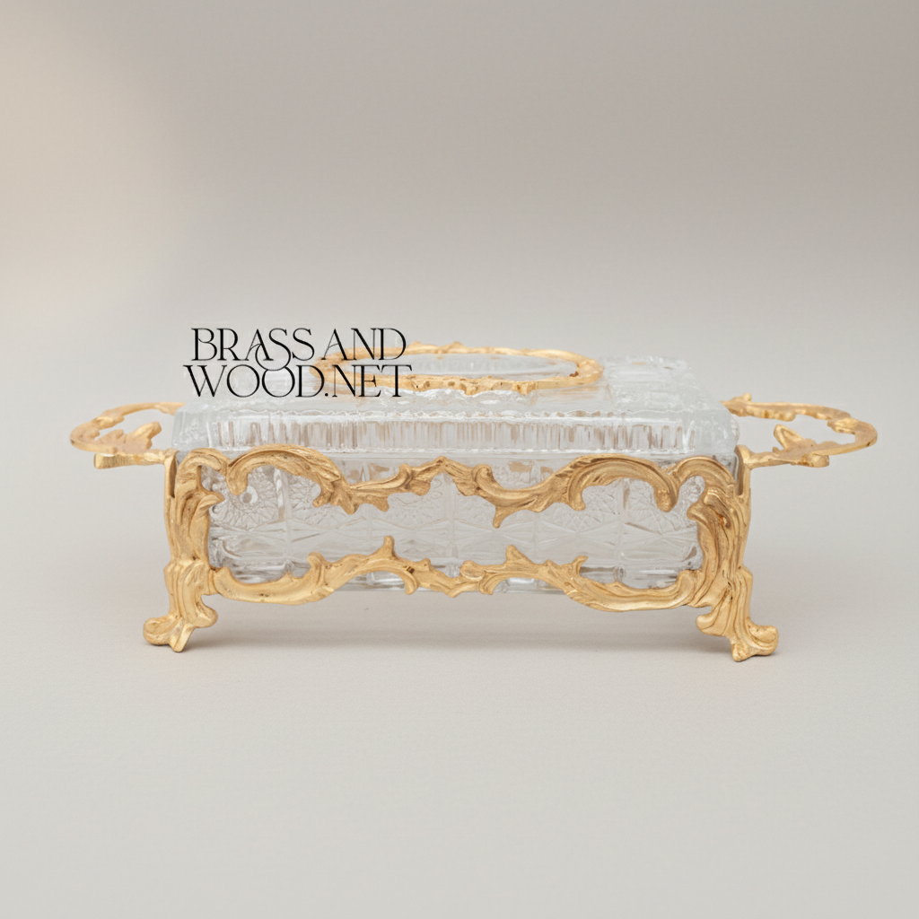 Rococo Crystal & Brass Tissue Box Holder with Scrolled Acanthus Frame — Gold