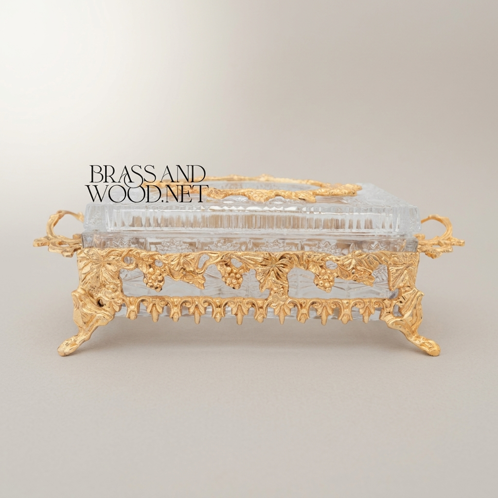Rococo Crystal & Metal Tissue Box Holder with Grapevine Relief and Scroll Handles — Gold