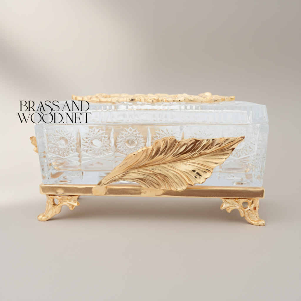 Neoclassical Crystal Tissue Box with Feather Relief & Floral Wreath Lid — Gold