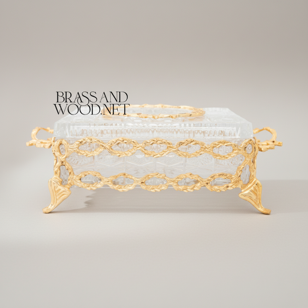 Rococo Filigree Metal & Crystal Tissue Box - Oval Wreath Lid — Gold