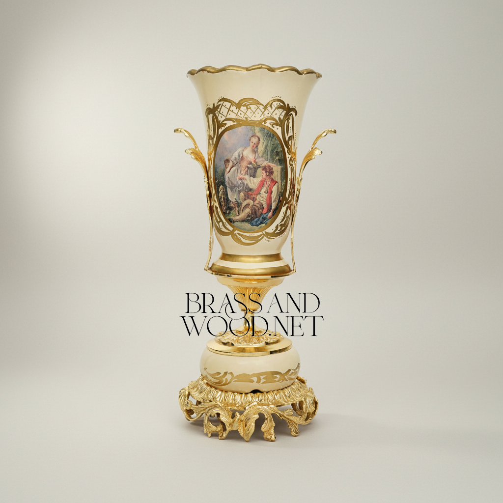 Rococo Ceramic Trophy Vase with Boucher-Style Medallion and Acanthus Brass Base