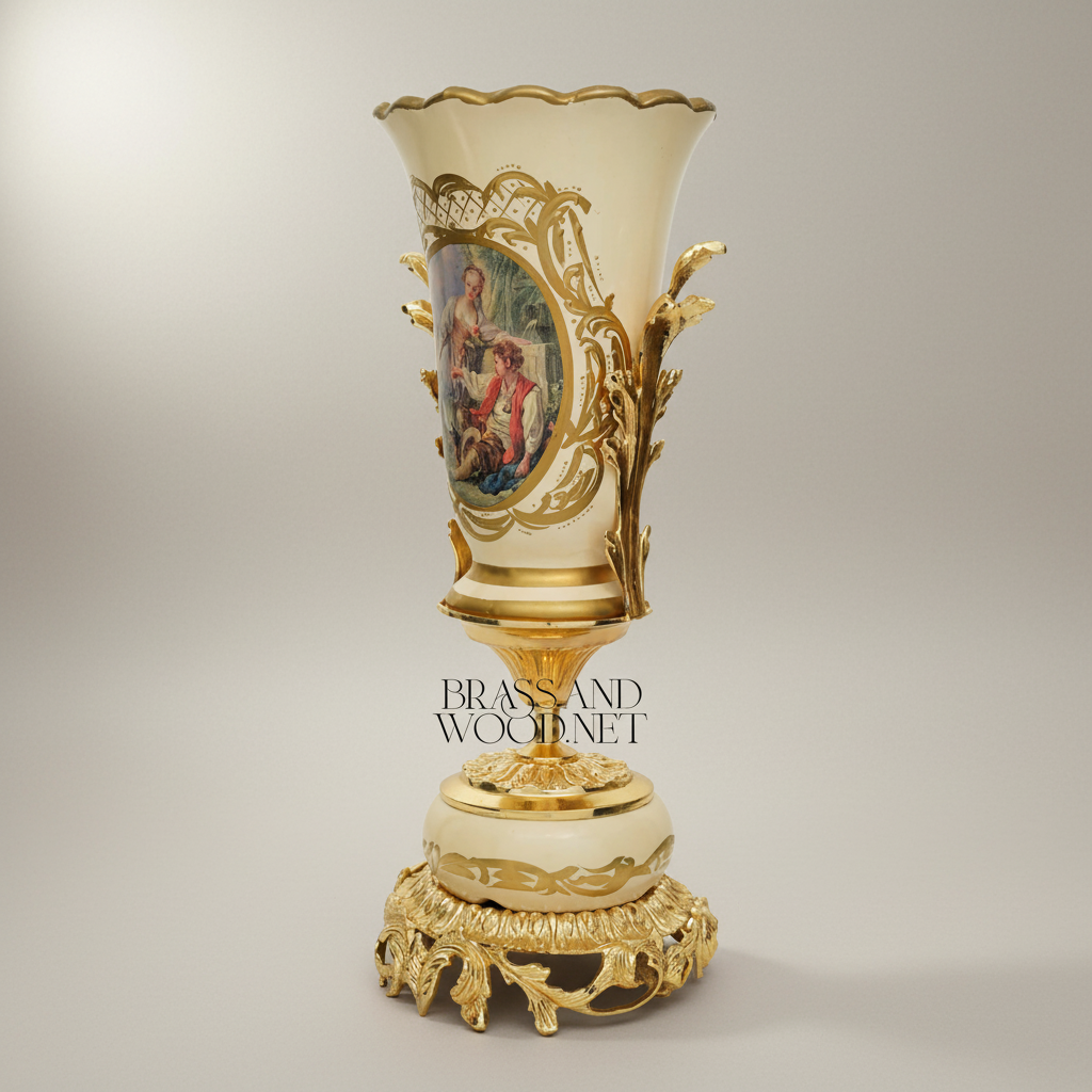 Rococo Ceramic Trophy Vase with Boucher-Style Medallion and Acanthus Brass Base