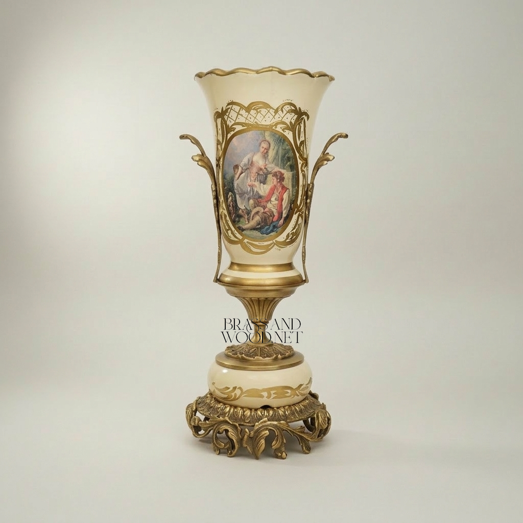 Rococo Ceramic Trophy Vase with Boucher-Style Medallion and Acanthus Brass Base — Antique Gold