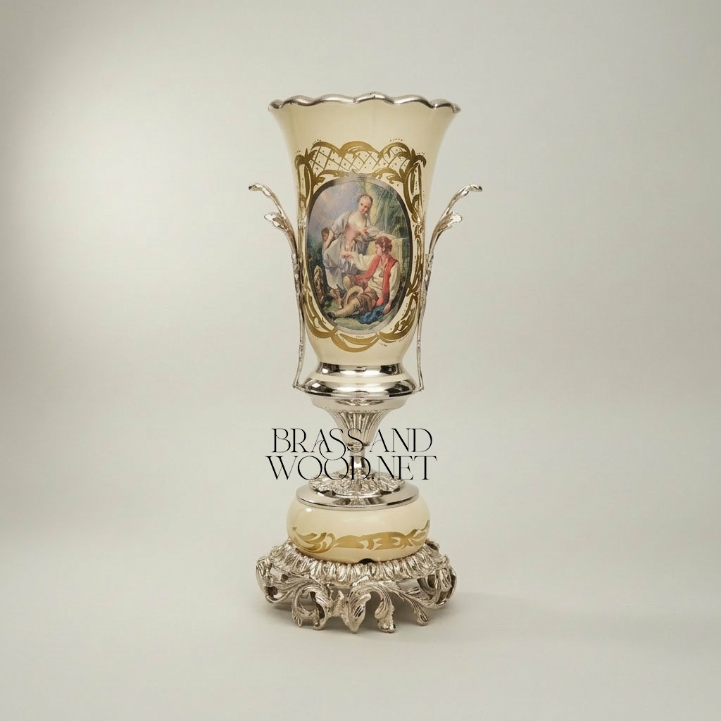 Rococo Ceramic Trophy Vase with Boucher-Style Medallion and Acanthus Brass Base — Silver
