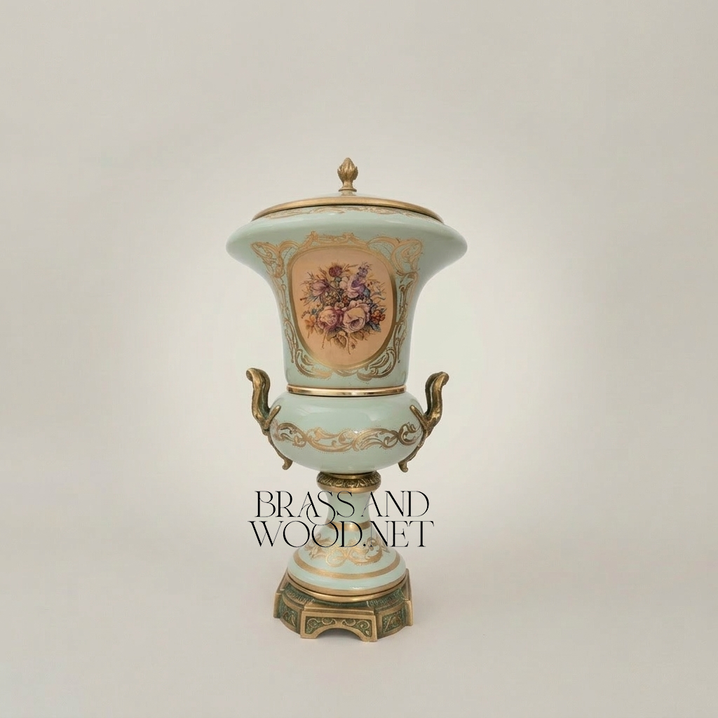 Rococo Celadon Ceramic Lidded Urn Vase with Hand-Painted Floral Cartouche — Antique Gold