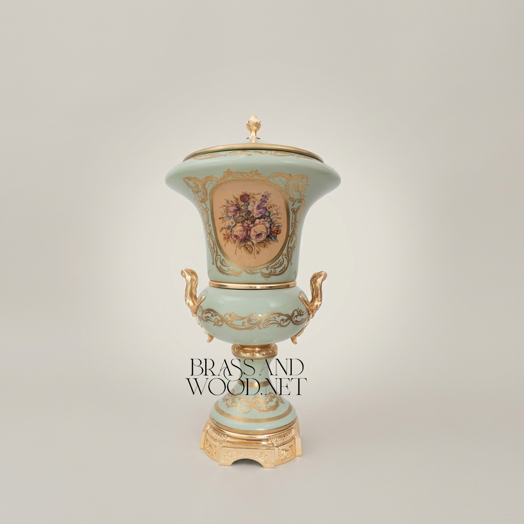 Rococo Celadon Ceramic Lidded Urn Vase with Hand-Painted Floral Cartouche — Gold