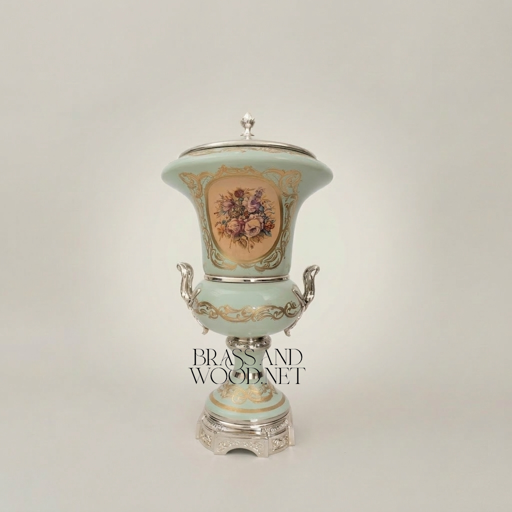 Rococo Celadon Ceramic Lidded Urn Vase with Hand-Painted Floral Cartouche — Silver