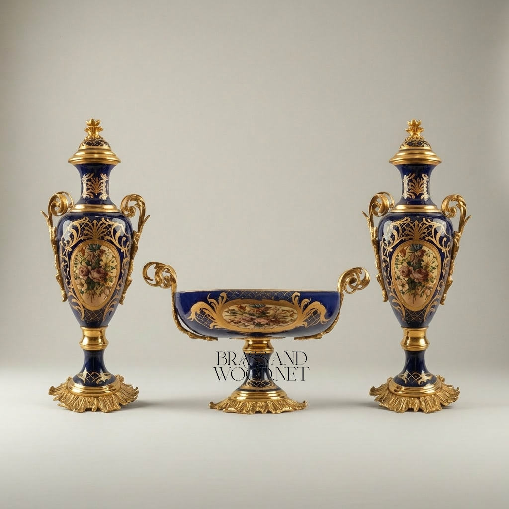 Sèvres-Style Cobalt Porcelain & Brass Garniture Set – Hand-Painted Floral Cartouches with Gilt Mounts — Gold