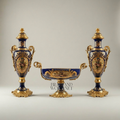 Sèvres-Style Cobalt Porcelain & Brass Garniture Set – Hand-Painted Floral Cartouches with Gilt Mounts — Gold