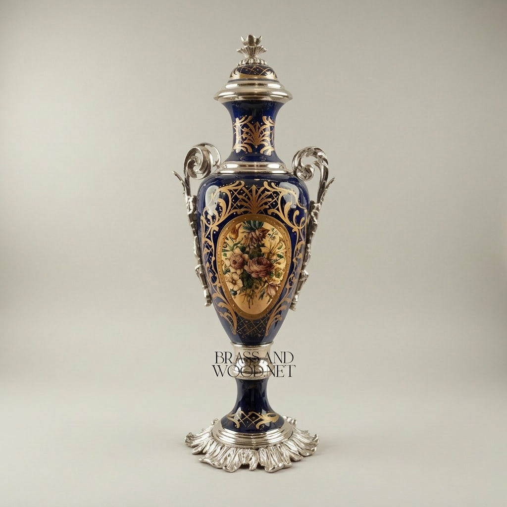 Sèvres-Style Cobalt Porcelain & Brass Garniture Set – Hand-Painted Floral Cartouches with Gilt Mounts — Silver