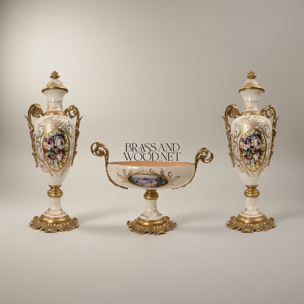 Rococo Ceramic Lidded Vase & Tazza Set with Hand-Painted Floral Medallions — Antique Gold