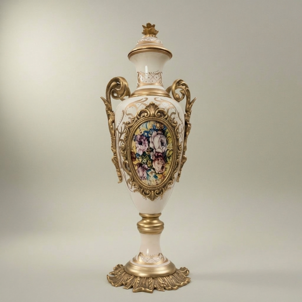 Rococo Ceramic Lidded Vase & Tazza Set with Hand-Painted Floral Medallions — Antique Gold