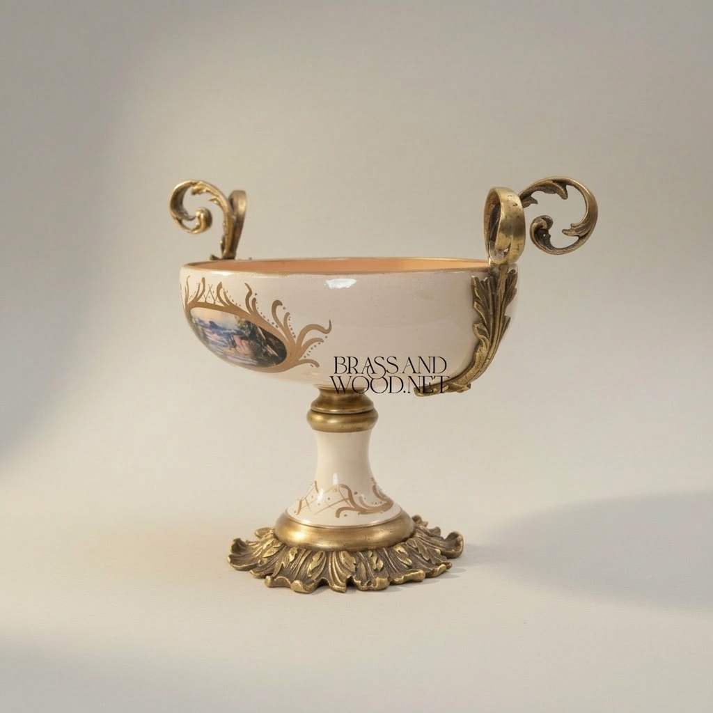 Rococo Ceramic Lidded Vase & Tazza Set with Hand-Painted Floral Medallions — Antique Gold