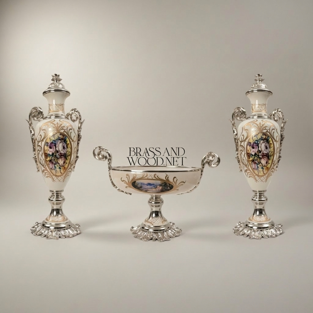 Rococo Ceramic Lidded Vase & Tazza Set with Hand-Painted Floral Medallions — Silver