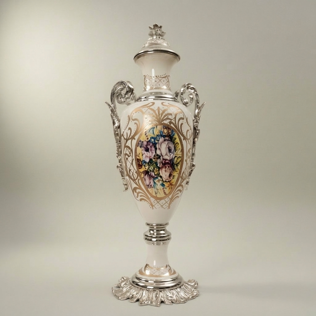 Rococo Ceramic Lidded Vase & Tazza Set with Hand-Painted Floral Medallions — Silver