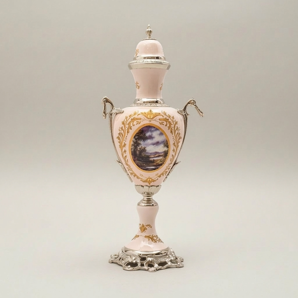 Rococo Hand-Painted Ceramic Vase & Tazza 3-Piece Set with Ormolu-Style Mounts and Landscape Medallions