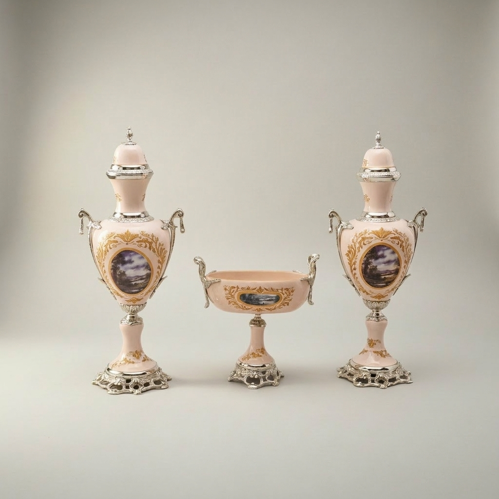 Rococo Hand-Painted Ceramic Vase & Tazza 3-Piece Set with Ormolu-Style Mounts and Landscape Medallions