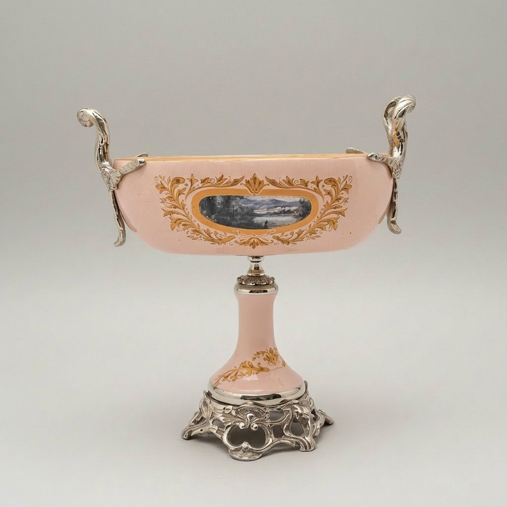 Rococo Hand-Painted Ceramic Vase & Tazza 3-Piece Set with Ormolu-Style Mounts and Landscape Medallions — Silver