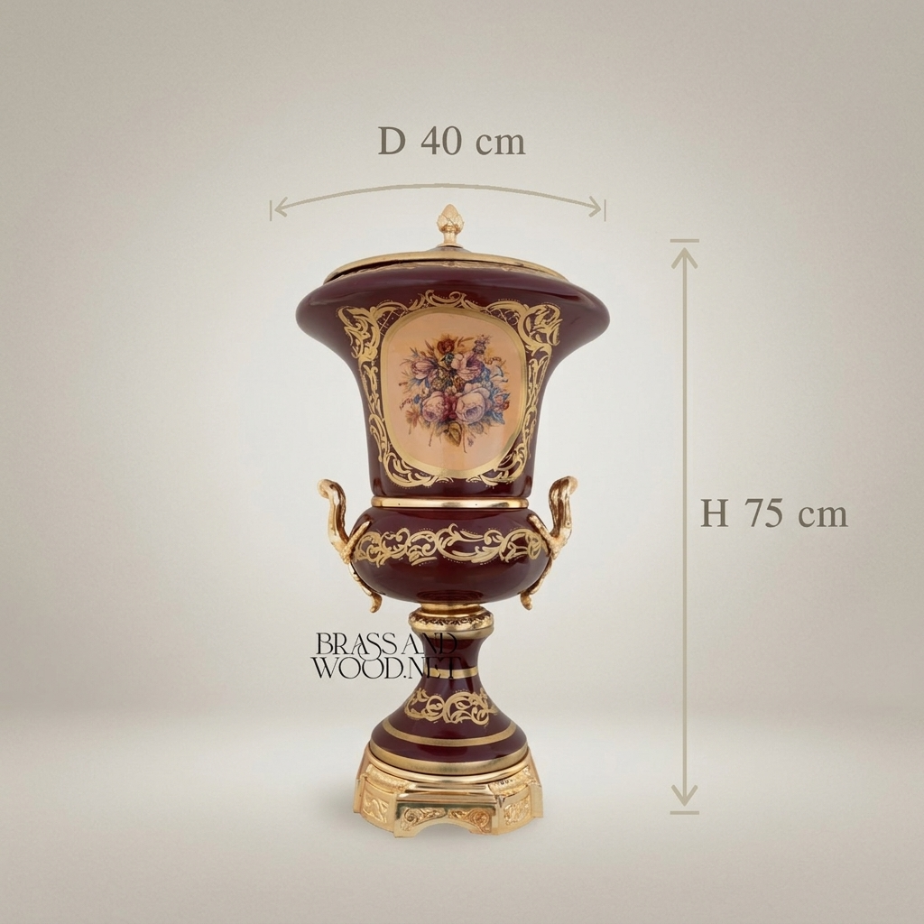 Rococo Covered Campana Urn Vase in Wine Ceramic with Brass Acanthus Scrollwork & Hand-Painted Floral Medallion