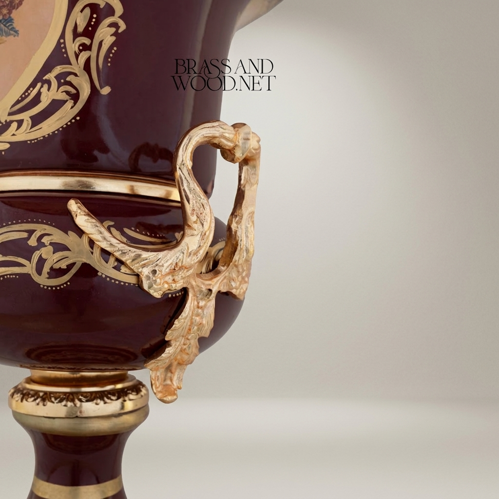 Rococo Covered Campana Urn Vase in Wine Ceramic with Brass Acanthus Scrollwork & Hand-Painted Floral Medallion