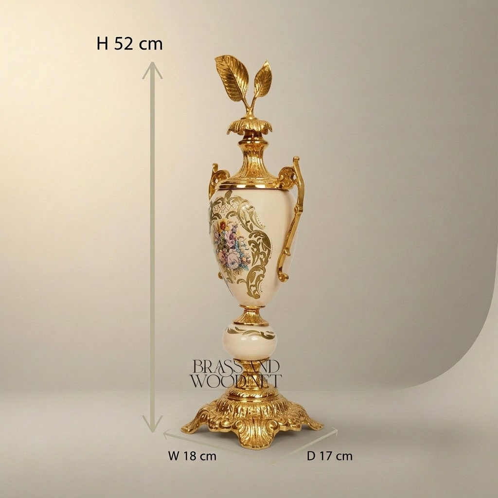 Rococo Brass & Ceramic Lidded Trophy Vase with Hand-Painted Floral Cartouche