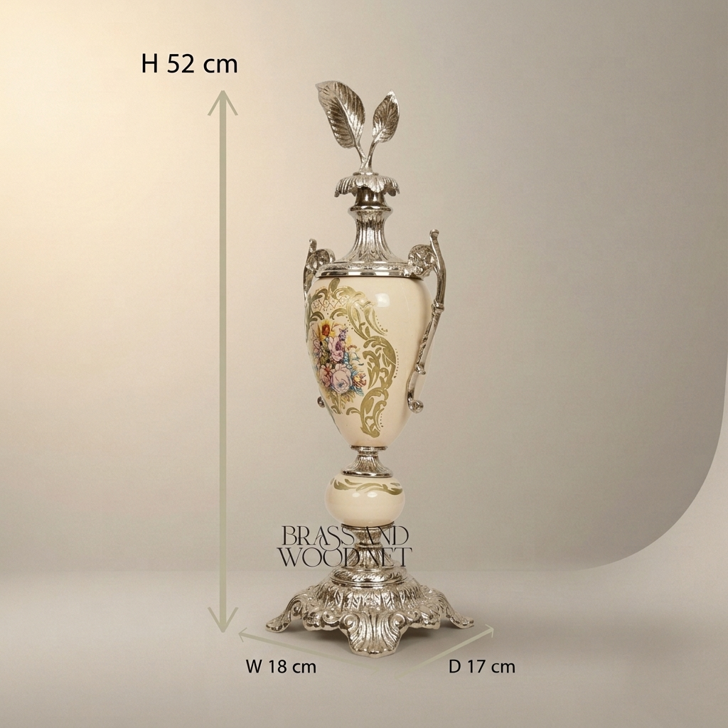 Rococo Brass & Ceramic Lidded Trophy Vase with Hand-Painted Floral Cartouche — Silver