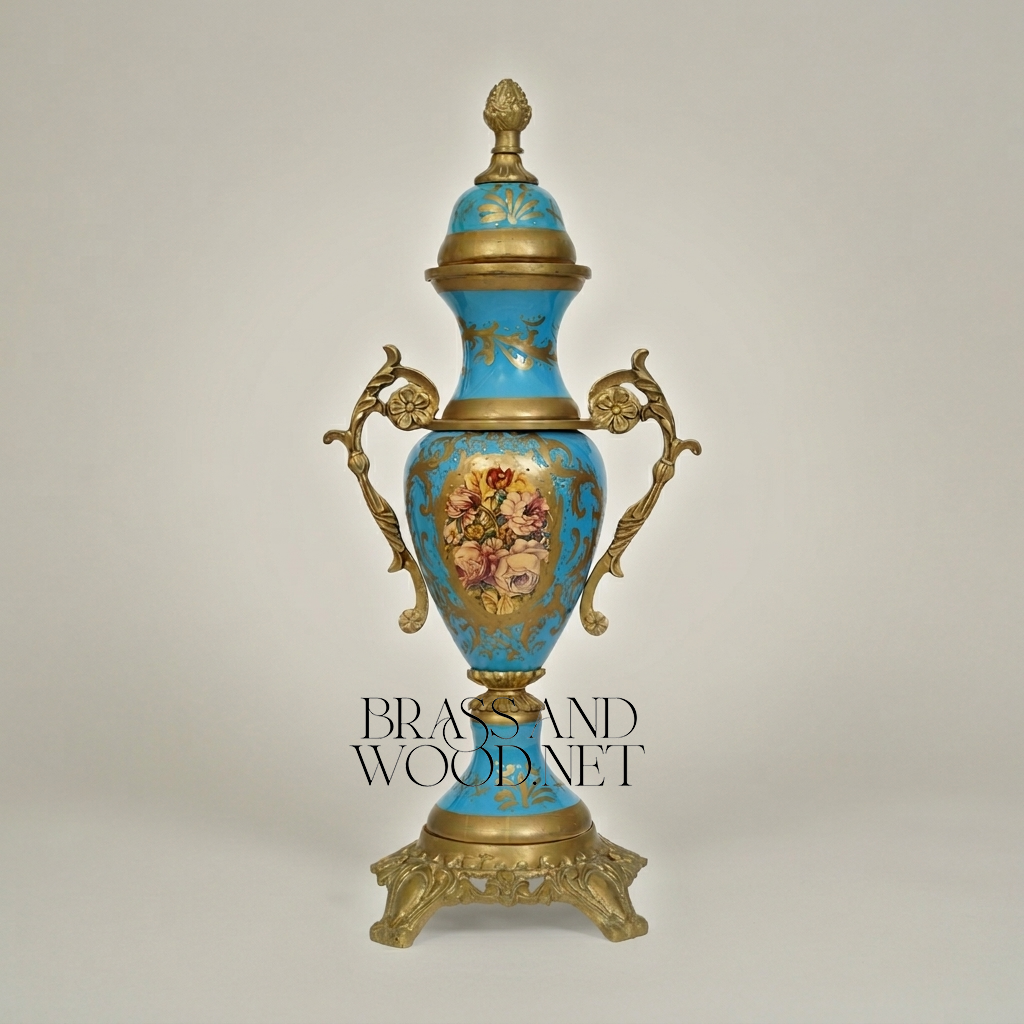 Rococo Turquoise Ceramic Lidded Urn Vase with Hand-Painted Floral Medallion — Antique Gold