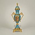 Rococo Turquoise Ceramic Lidded Urn Vase with Hand-Painted Floral Medallion — Gold