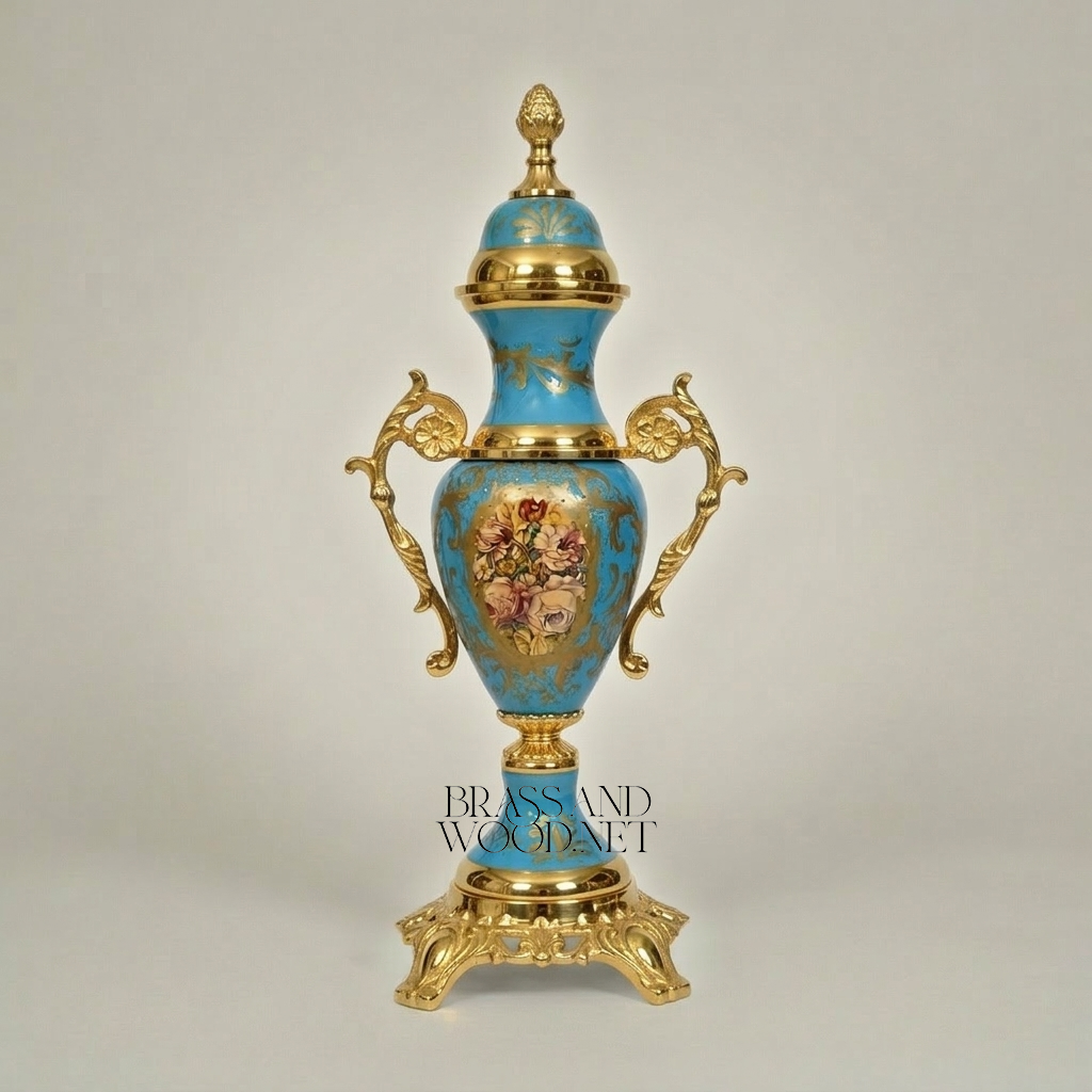 Rococo Turquoise Ceramic Lidded Urn Vase with Hand-Painted Floral Medallion — Gold