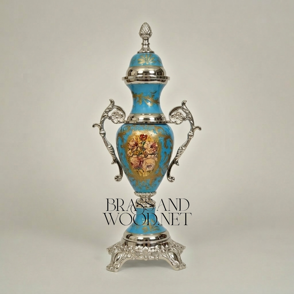 Rococo Turquoise Ceramic Lidded Urn Vase with Hand-Painted Floral Medallion — Silver