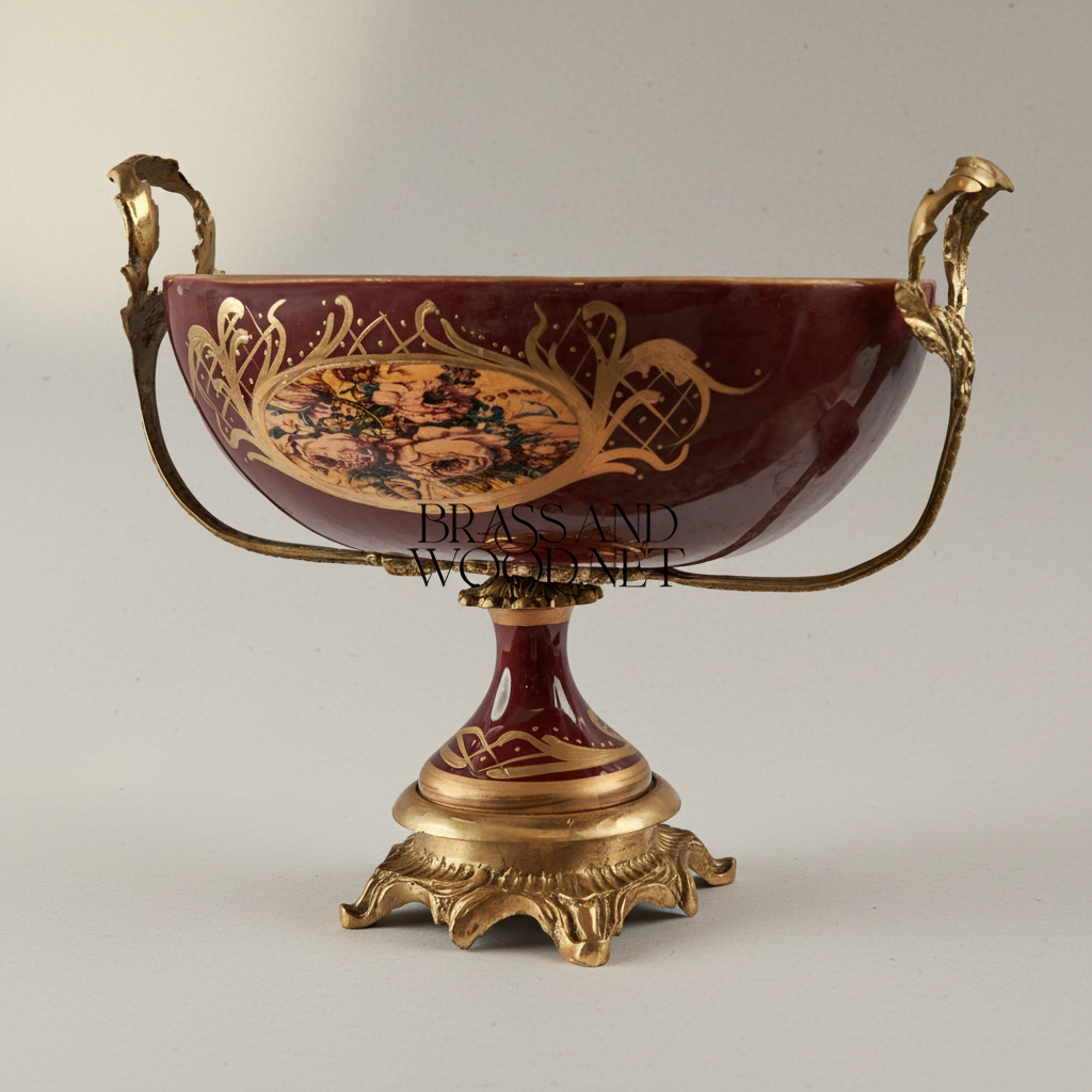 Neoclassical Ceramic & Brass Vase Set – Wine Floral Cartouche with Gilt Mounts — Antique Gold