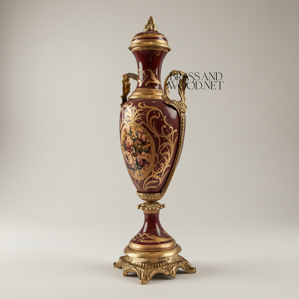 Neoclassical Ceramic & Brass Vase Set – Wine Floral Cartouche with Gilt Mounts — Antique Gold
