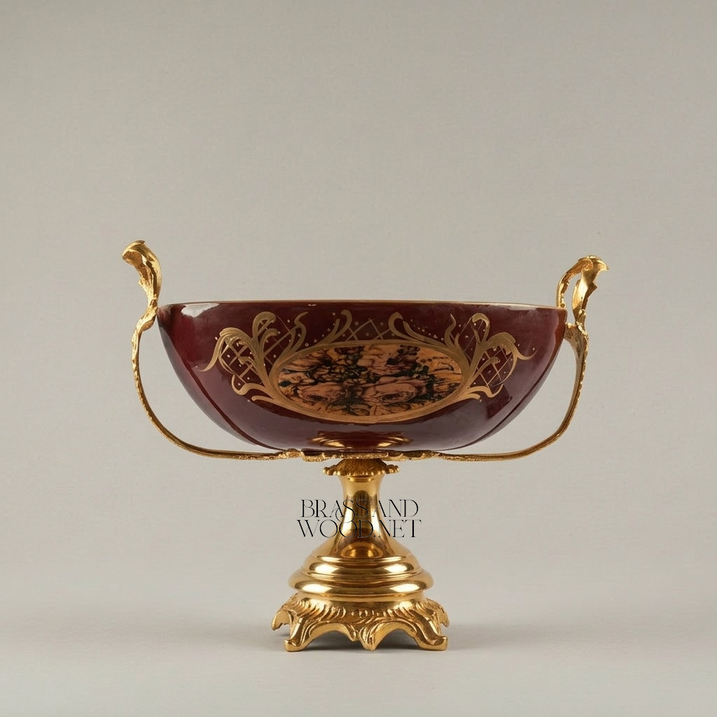 Neoclassical Ceramic & Brass Vase Set – Wine Floral Cartouche with Gilt Mounts — Gold