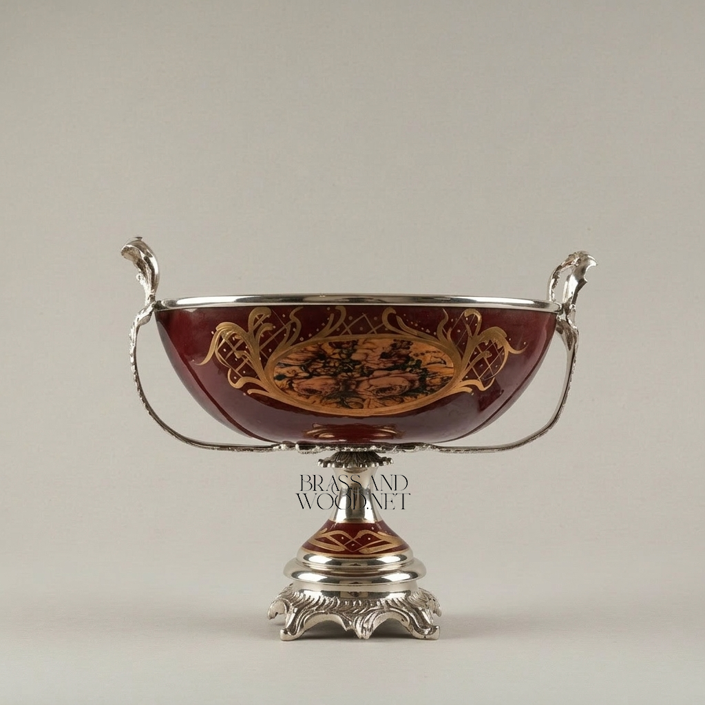 Neoclassical Ceramic & Brass Vase Set – Wine Floral Cartouche with Gilt Mounts — Silver