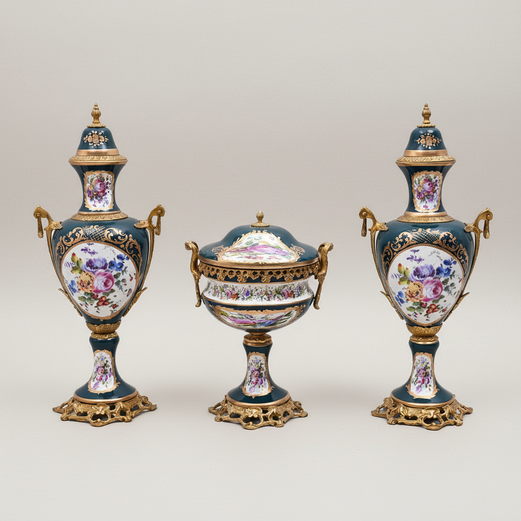 Sèvres-Style Porcelain & Brass Vase Set – Hand-Painted Floral Panels on Navy Ground — Antique Gold