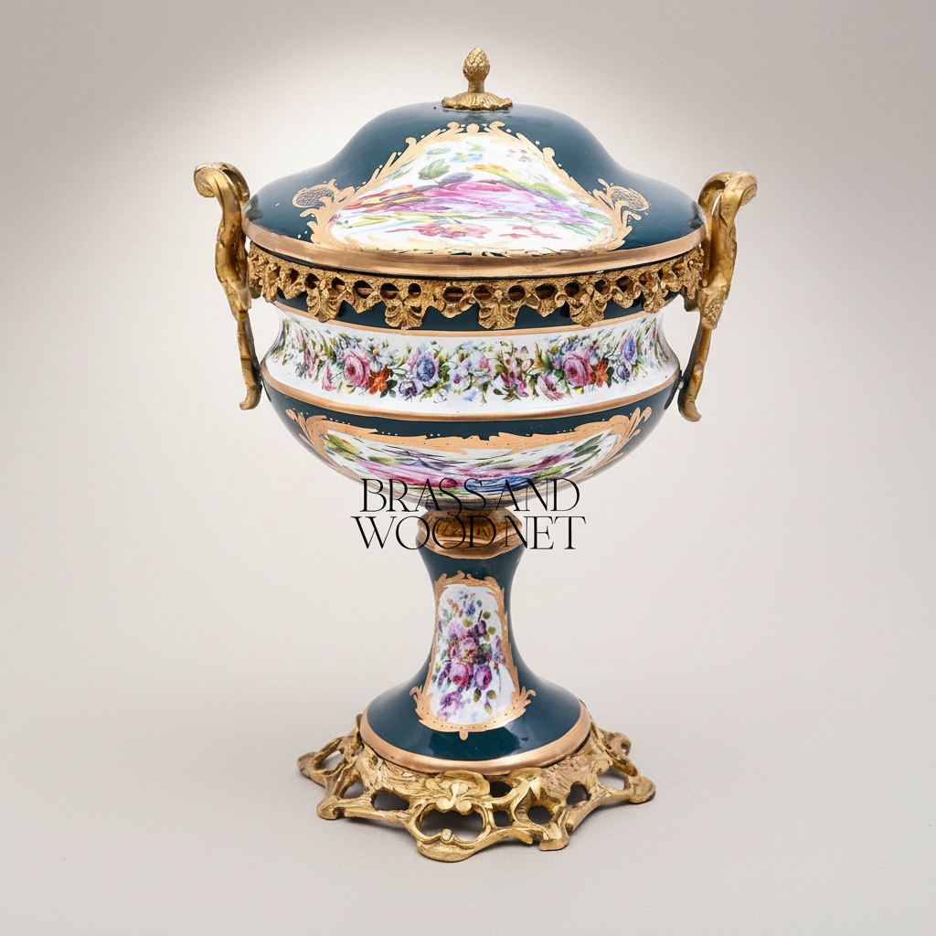 Sèvres-Style Porcelain & Brass Vase Set – Hand-Painted Floral Panels on Navy Ground — Antique Gold