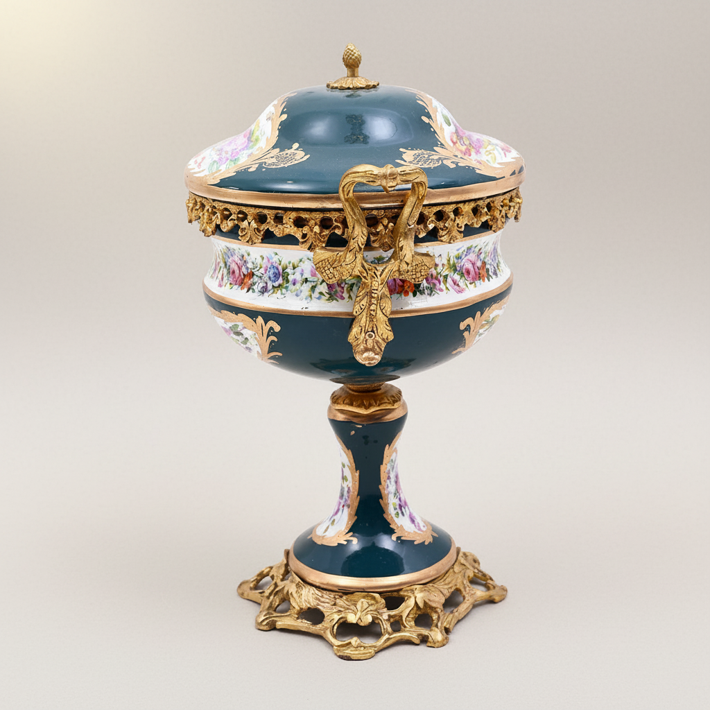 Sèvres-Style Porcelain & Brass Vase Set – Hand-Painted Floral Panels on Navy Ground — Antique Gold