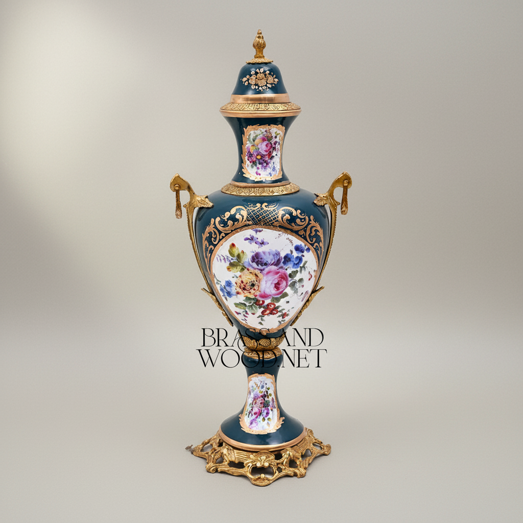 Sèvres-Style Porcelain & Brass Vase Set – Hand-Painted Floral Panels on Navy Ground — Antique Gold