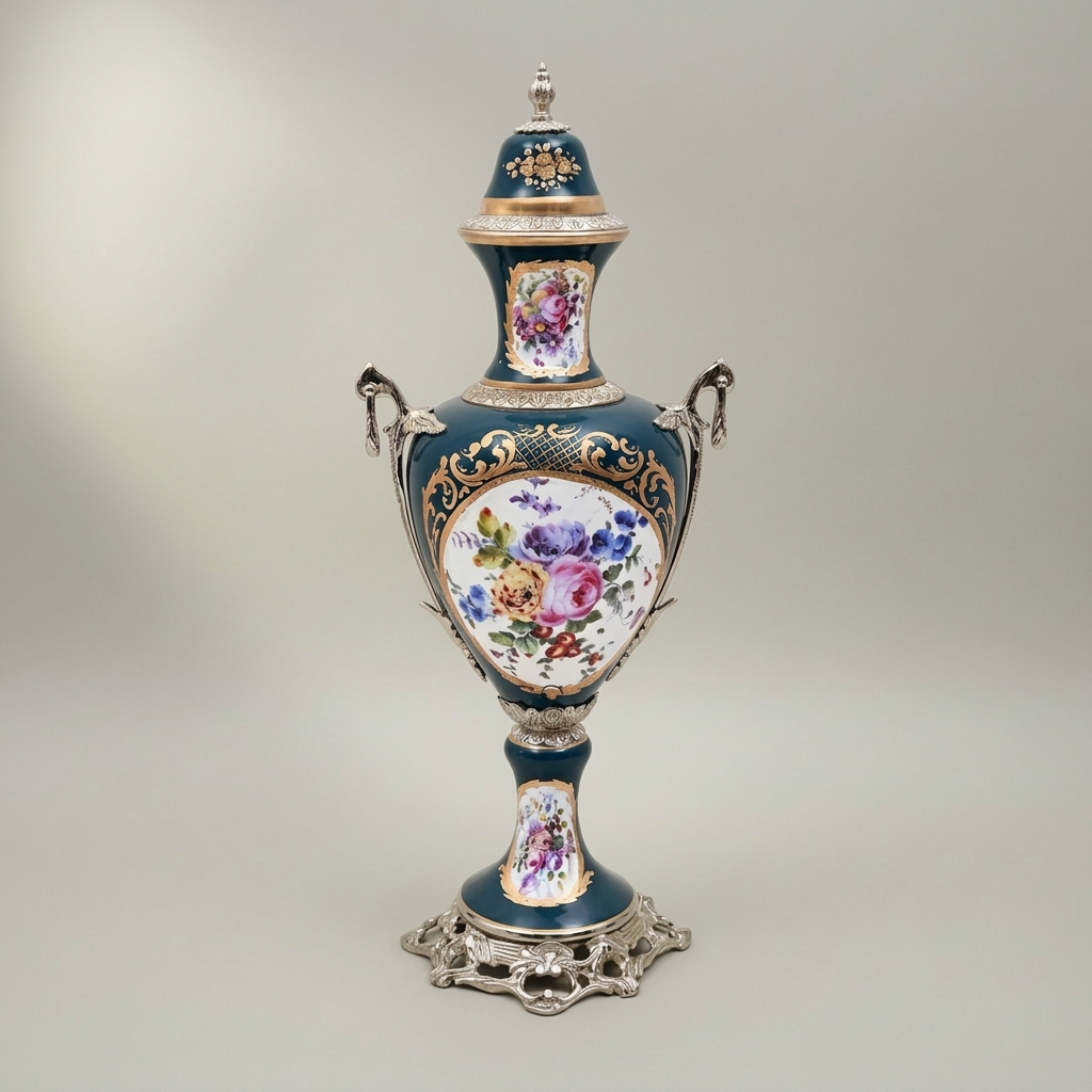 Sèvres-Style Porcelain & Brass Vase Set – Hand-Painted Floral Panels on Navy Ground — Silver